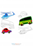 Helicopters, Buses, and Cars Coloring Page