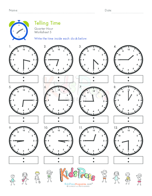 Telling Time Quarter Hour Worksheet #5 - KidsPressMagazine.com