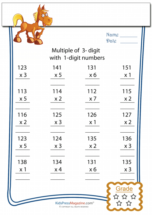3 Digit by 1 Digit Multiplication Worksheet -#1 - KidsPressMagazine.com