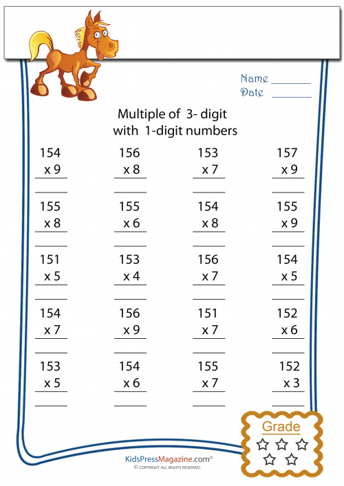 Multiplication Worksheet – 3 digit by 1 digit - #4 - KidsPressMagazine.com